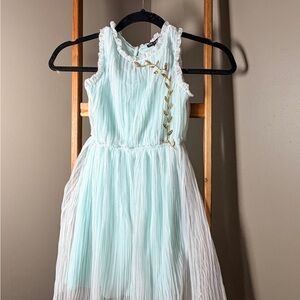 Ava and Yelly Girls Light Aqua Ruffle Neck Dress with Leaf Accent